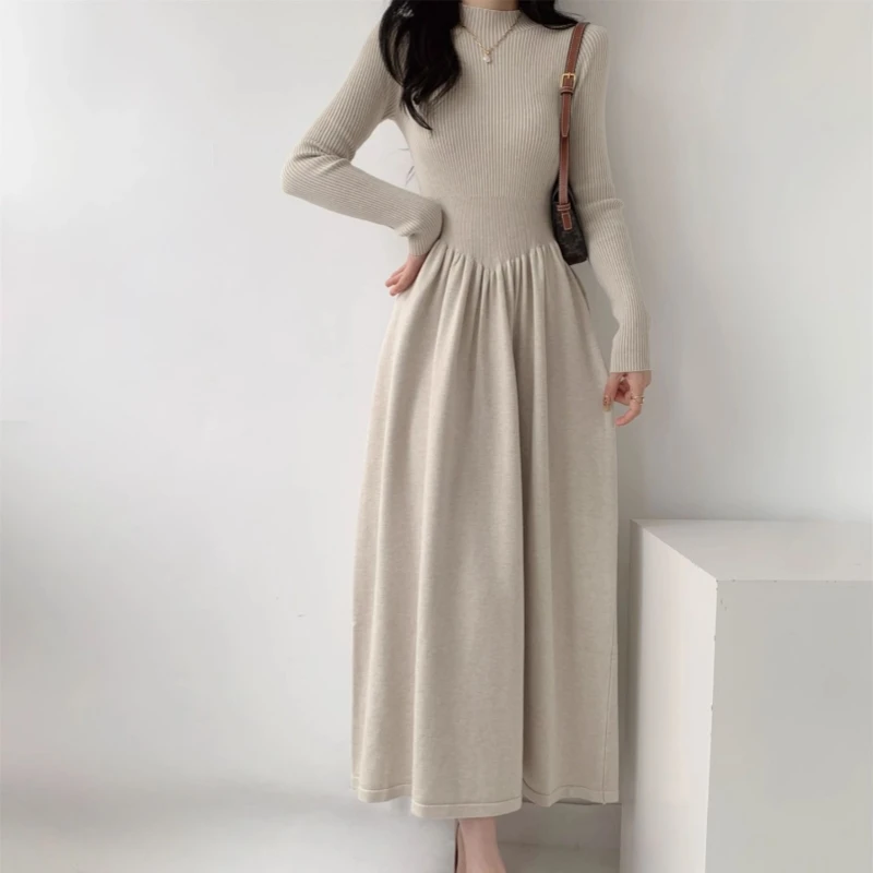 2026 Women's Autumn Winter New High-grade Knit Dress Slim Matching Coat Simple Bottoming Swing Waist Sweater French Long Skirt