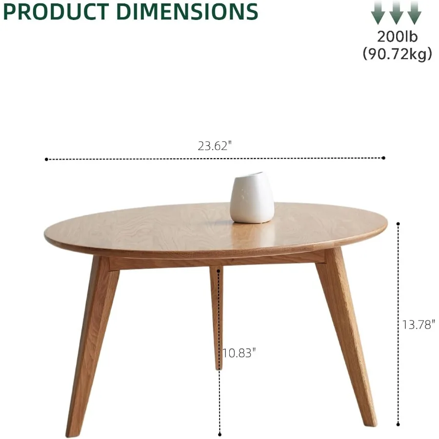 Mid Century mini coffee table for bedroom balcony living room: 100 solid oak wood, round side table with solid wood legs, natur