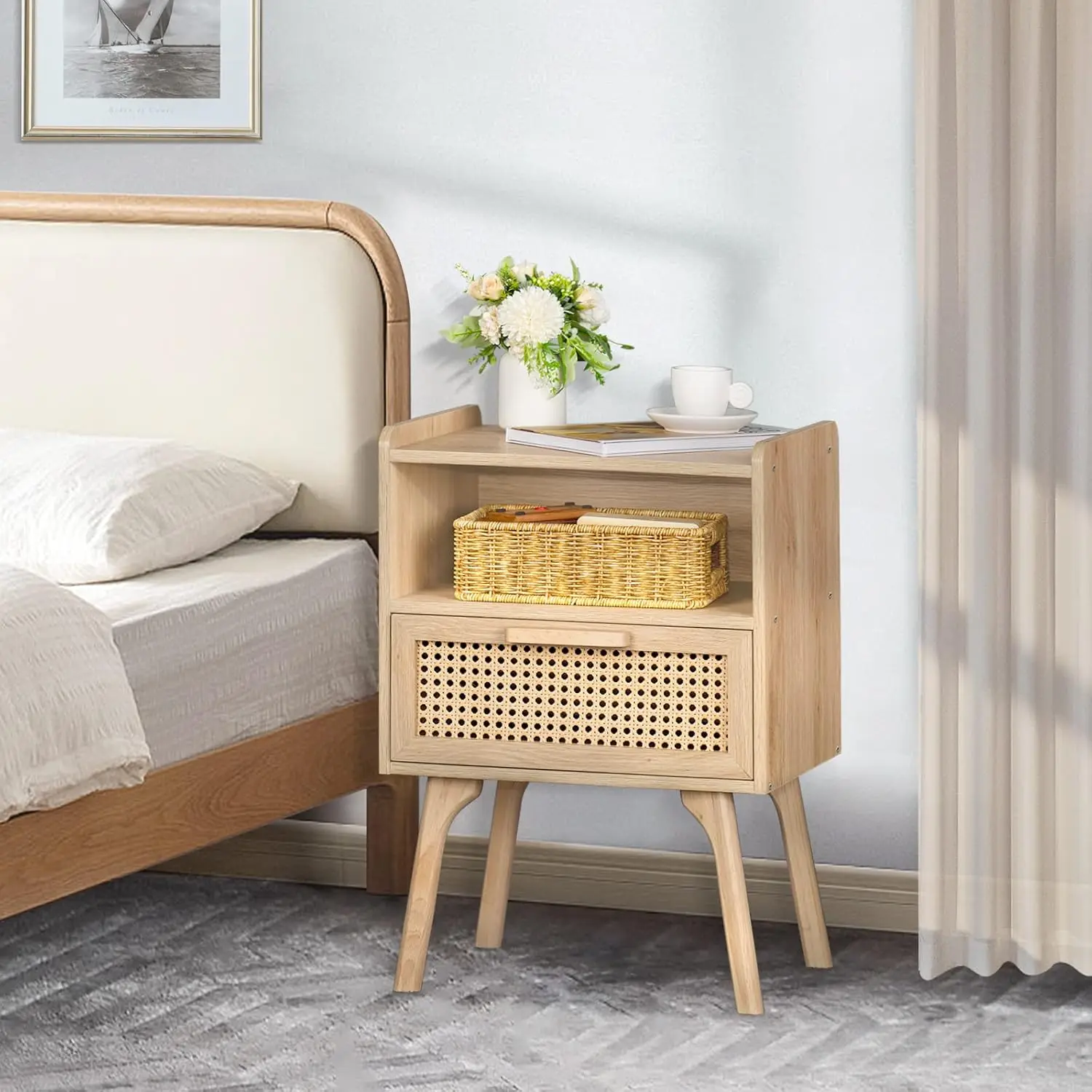 Solid Wood Bedroom Dorm Furniture Bamboo Side Table With Open Shelf And Drawer Small Spaces Accent Bedside End Table