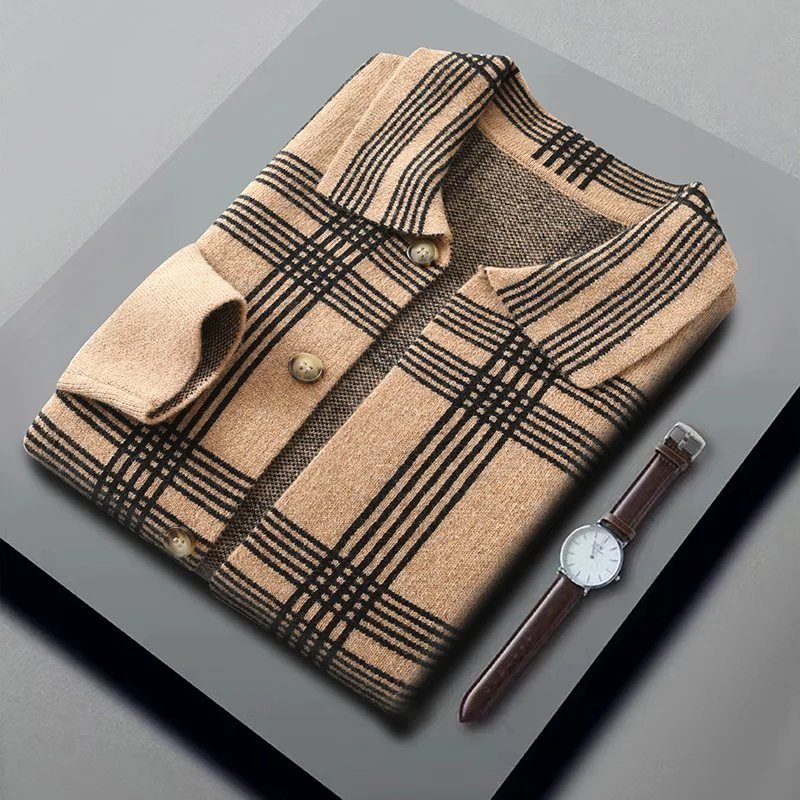 

Мужской вязаный кардиган из 100% мериносовой шерсти с воротником с лацканами, пальто 202, весна/осень, новый костюм-поло с вырезом в сетку, рубашка, кашемировая куртка, свитер