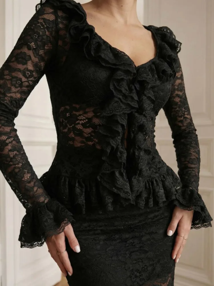 

Sibybo Sexy Sheer Lace V-Neck Ruffles Women Skirt Set Long Sleeve Button Tops Short Skirt Femme Slim Party Club Matching Outfits