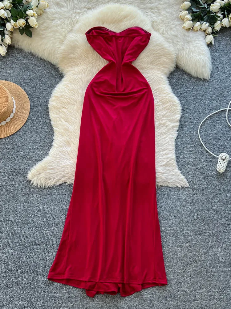 فستان طويل أنيق بدون حمالات من Foamlina فستان نسائي صيفي أنيق بدون أكمام نحيف مكشكش لملابس الحفلات الرسمية #3