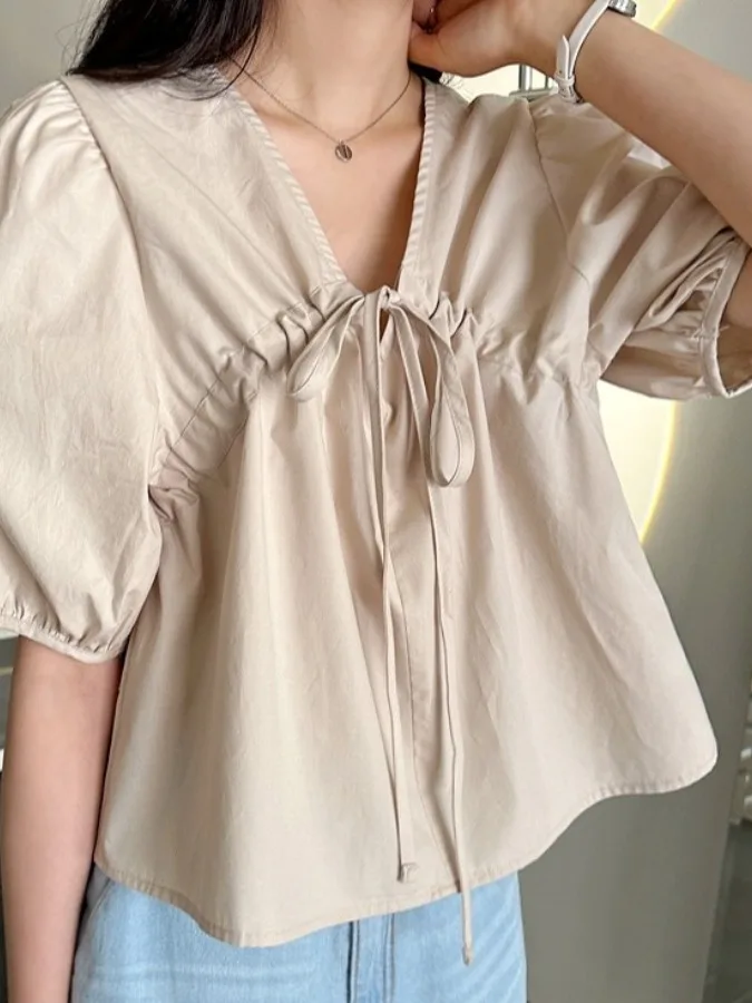 

Chic Simple Design V-Ne Dstring Bubble Sve Doll irt Women's Top Summer Faionable Casual Loose Fit ort Sve