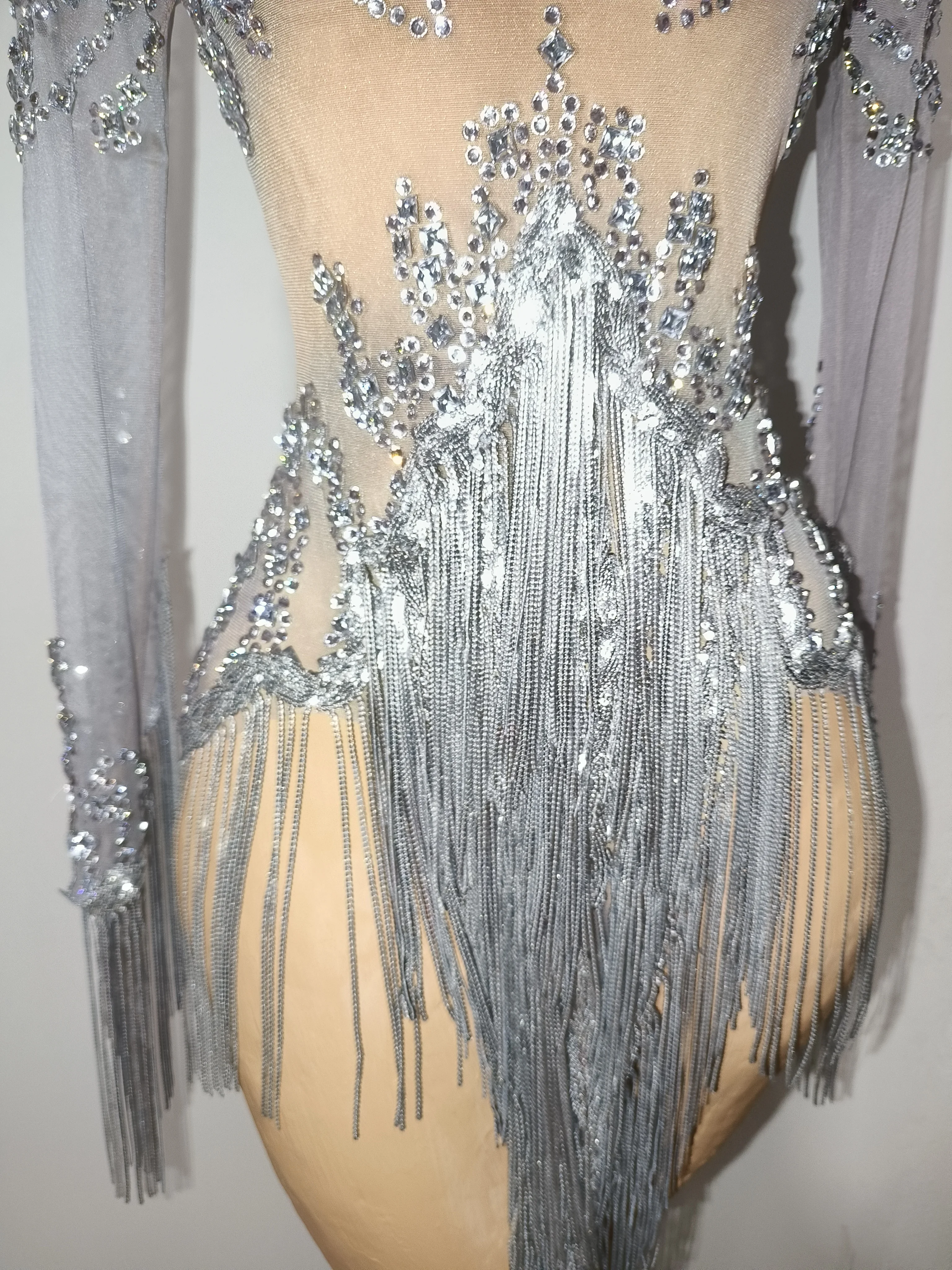 Show girl costume Luxury Party OutfitWomen Sexy Silver Sequin Tassel Designer Mini Dress Mesh See Through Luxury Evening Birthda