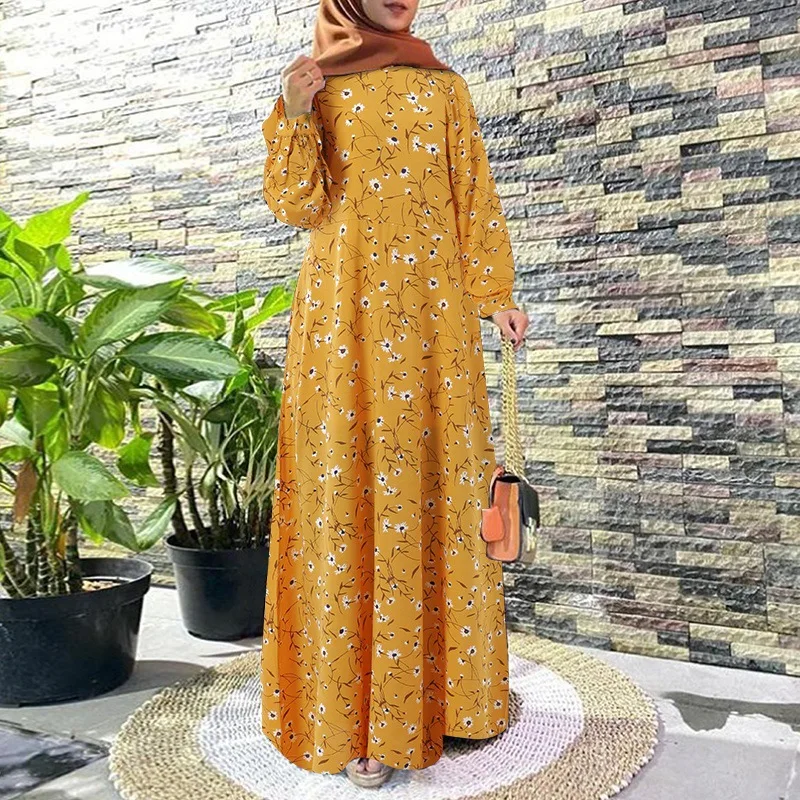 

2023 Muslim Women's Robe Ramadan Retro Printed Long Sleeve Loose Dress Abaya Hijab Big Swing Sundress Turkey Islam Clothing