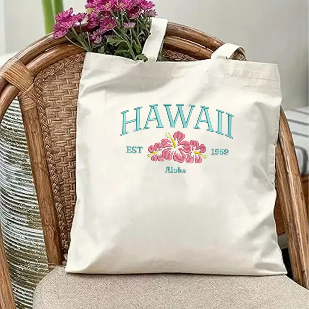 Retro Hawaii 1959 Canvas Tote Bag Vintage Pink Hibiscus Floral School Bookbags Aloha State Summer Vacation Gift For Women