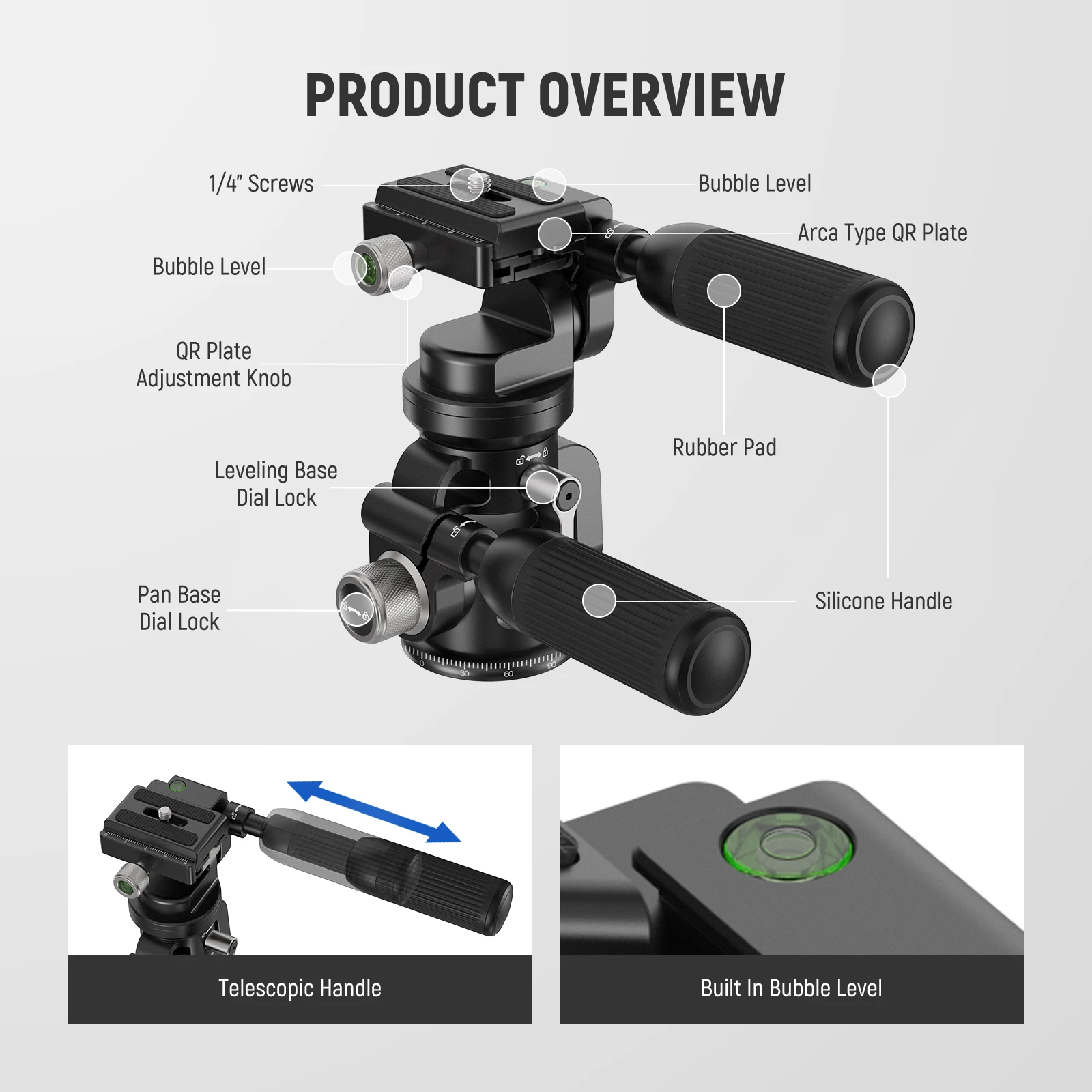 NEEWER 3 Way Tripod Head Pan/Tilt with ±15° Leveling Bowl Base 3 Axis Photography Fluid Head with Precise Damping Friction