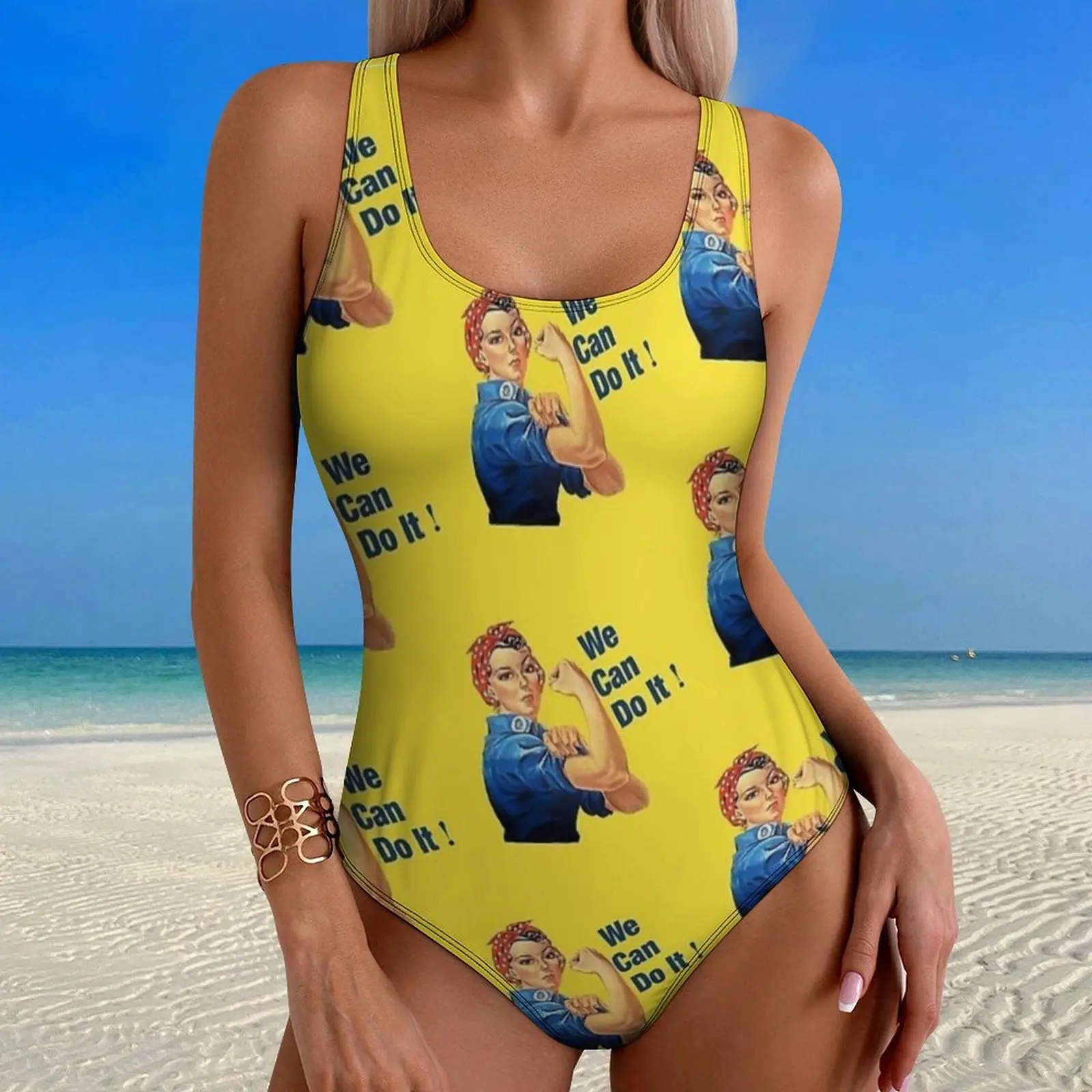 Vintage Rosie Poster Print Swimsuit Sexy  One Piece Swimwear Push Up Bodysuit Stylish Holiday Rave Bathing Suits