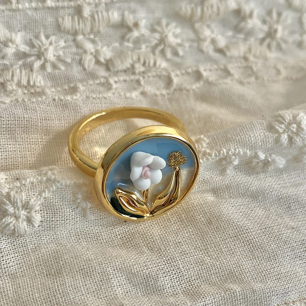 Vintage Design French Romance Rings for Women Oil Painting Flower Shaped Baroque Style Pearl Enamel Luxury Jewelry Elegant Gifts