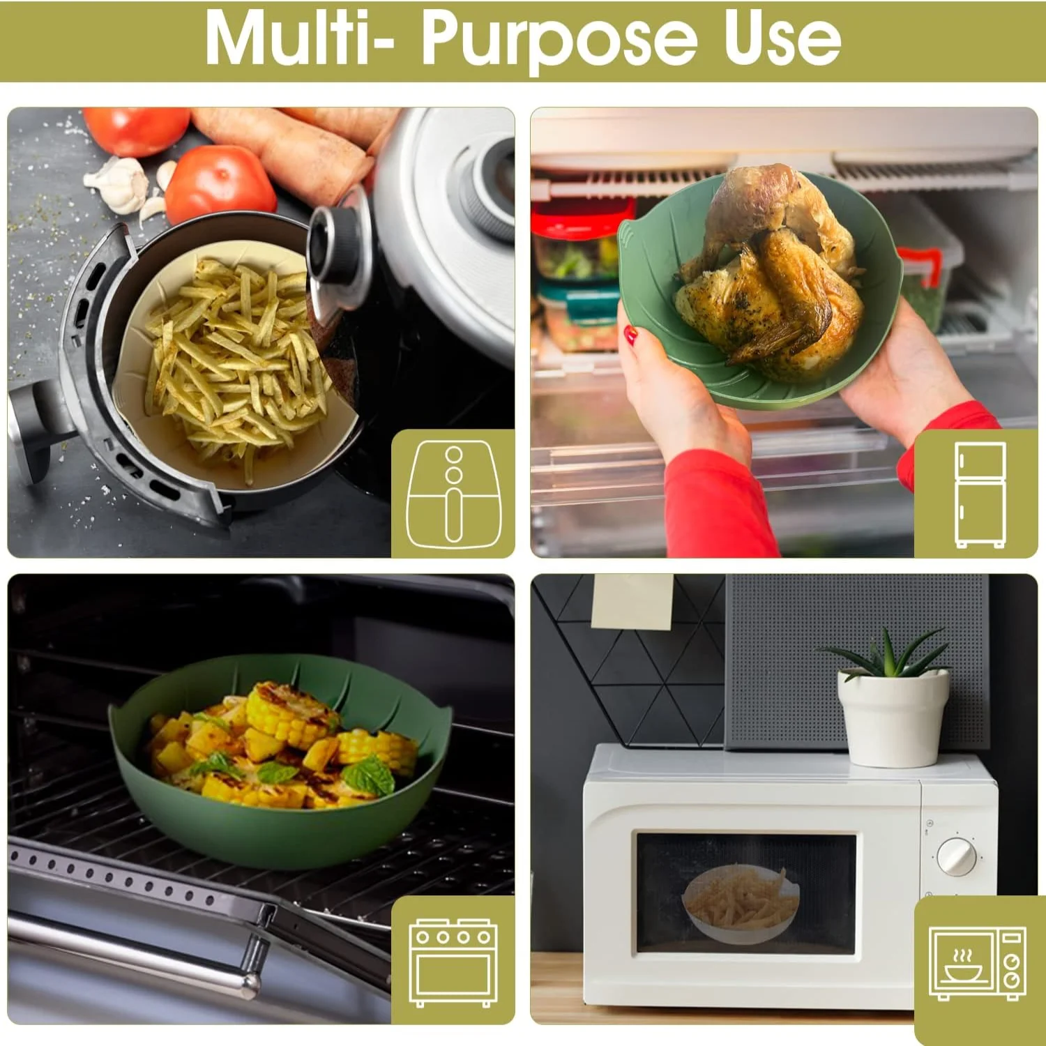 عبوة من بطانات السيليكون للمقلاة الهوائية - ملحقات قابلة لإعادة الاستخدام والطعام لمقلاة الهواء 3Qt-5Qt