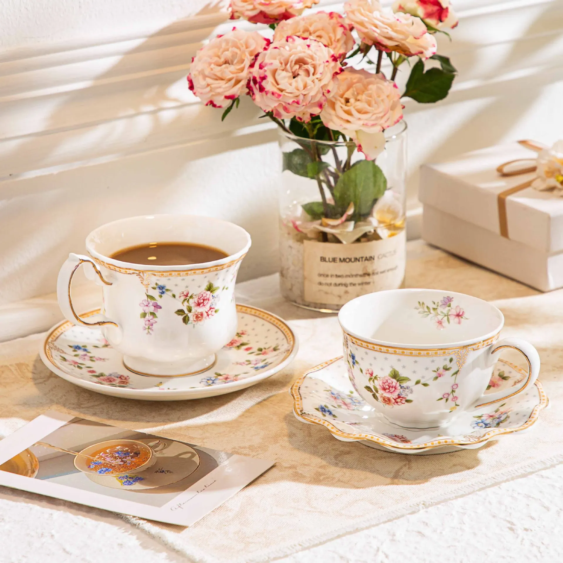 English countryside style ceramic floral coffee cup plate exquisite gold edged coffee cup afternoon tea set