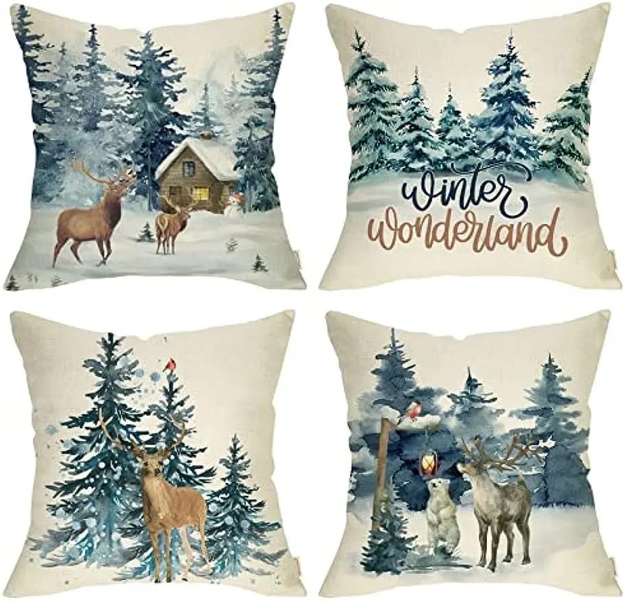 Blue winter wonderland reindeer snow decoration pillowcase deer snowflake snowman throwing pillowcase home sofa decoration