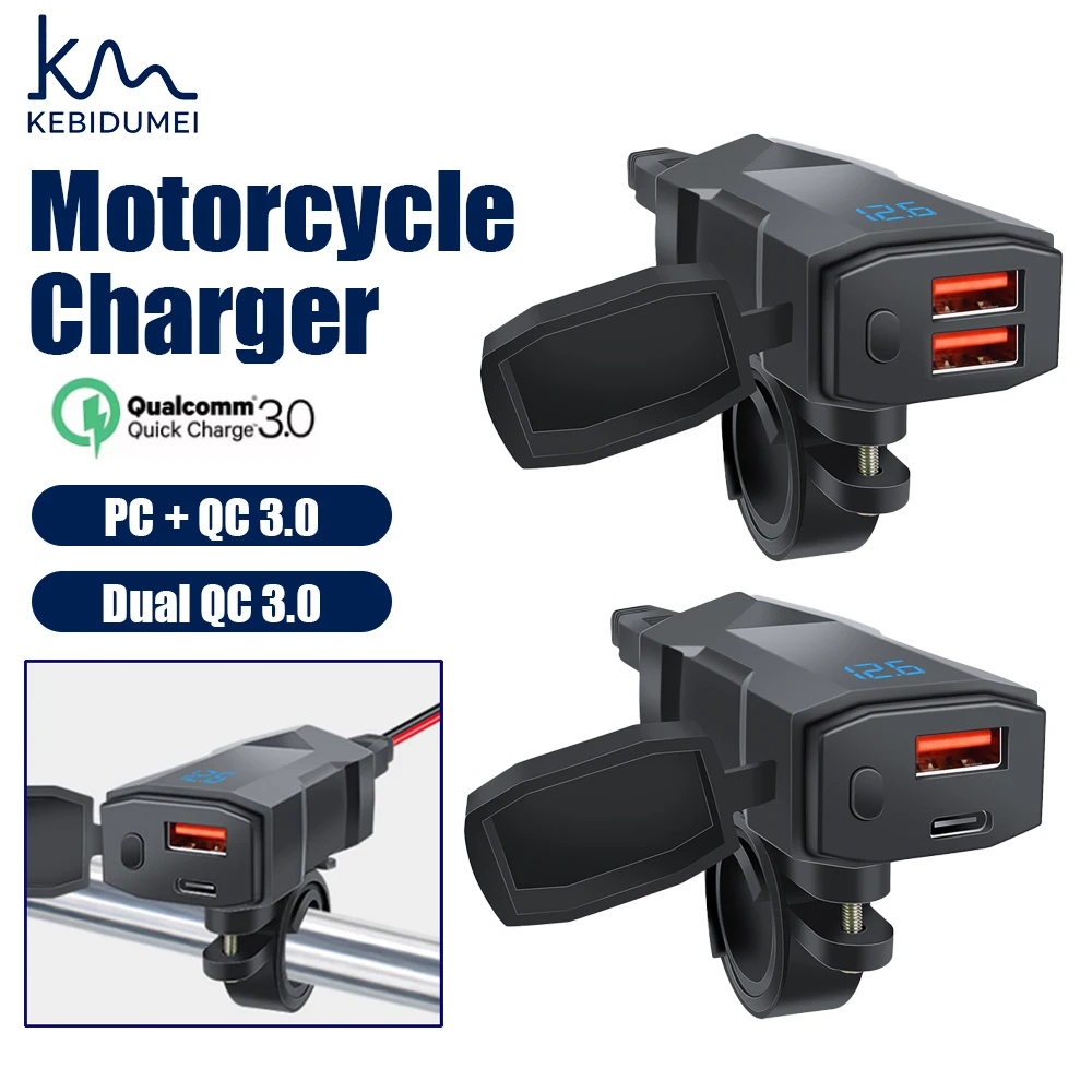 

KEBIDUMEI Motorcycle Charger Waterproof Handlebar Socket QC3.0 Power Supply Adapter with Cord Voltmeter Motorcycle Accessories