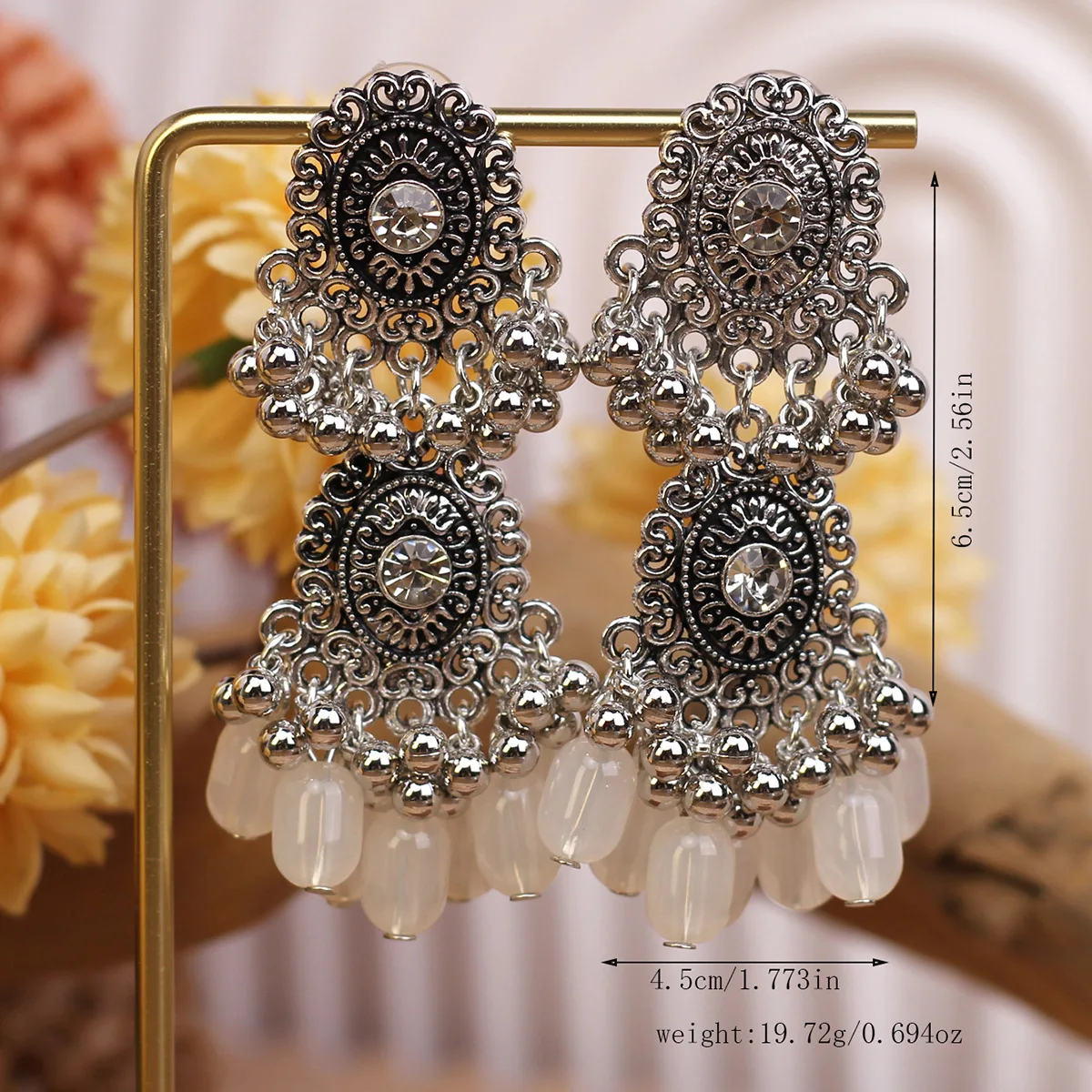 Ethnic Romantic Pink Crystal Bead Tassel Earring Women Ethnic Silver Plated Round Long Dangle Earrings Bridal Wedding Jewelry