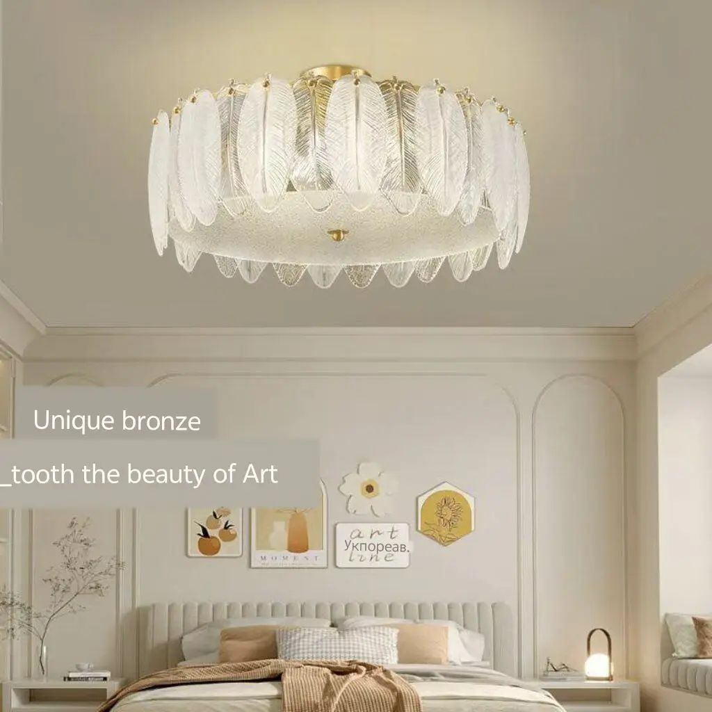 Creative feather shaped ceiling lamp, all copper bedroom pendant light, main light for entrance closet and dressing room