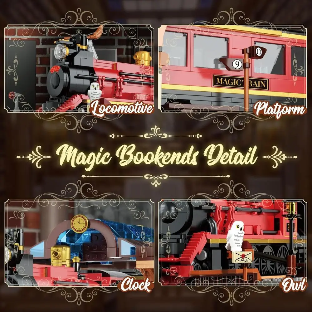 Set di fermalibri e treni magici Harry a doppia funzione, blocchi decorativi da 1068 pezzi, ideali per collezionare e visualizzare, Grea