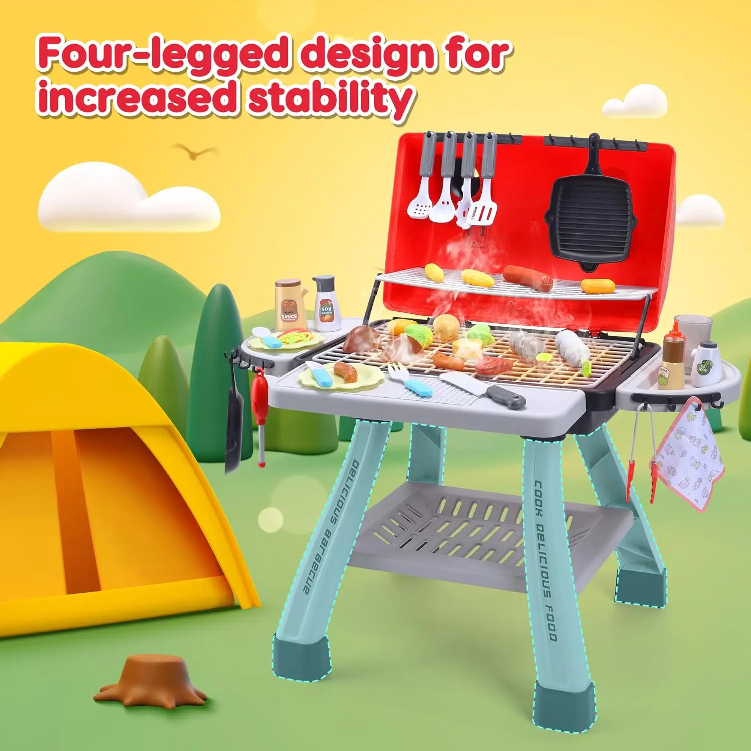 CUTE STONE Children's BBQ Grill Toy, Kitchen Playset, Realistic Smoke BBQ Grill Playset with Toy Kitchen Accessories.