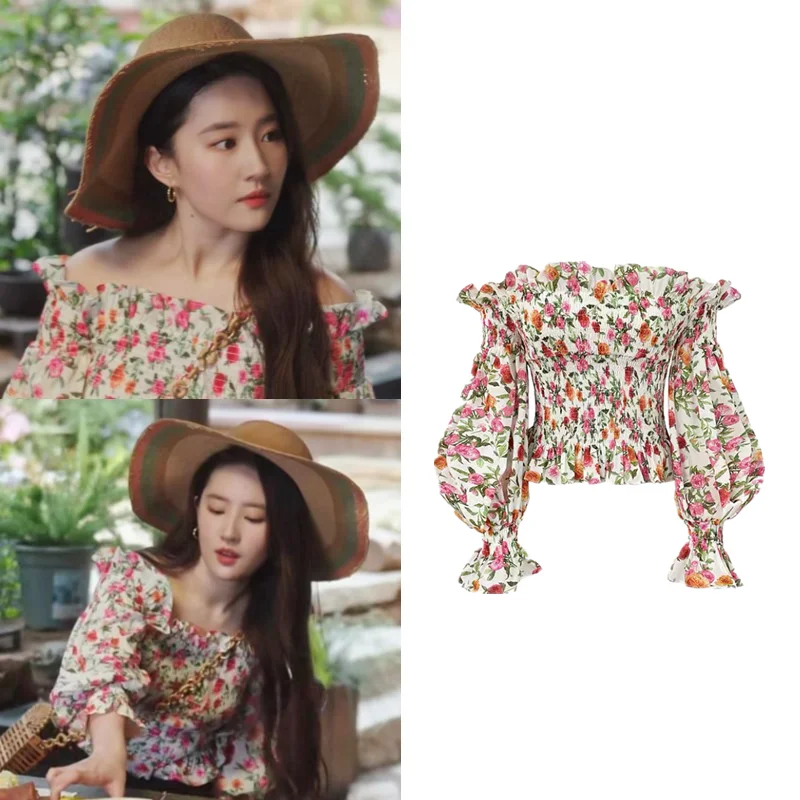 

EXJR Floral Print One-Shoulder Shirt Women's Spring Summer Fashion French Style Long Sleeve Casual Blouse Floral Patterned