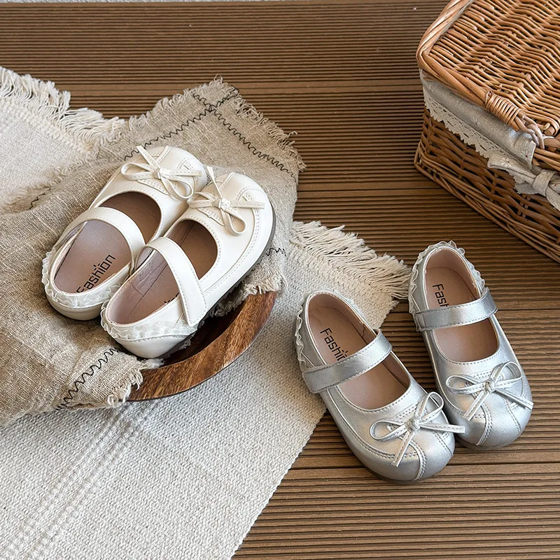 Kids'Casual Shoes PU Leather Autumn Bow Fashion Outdoor Soft Bottom Shoes For Girls Breathable Anti-slip White Silver Size 23-36