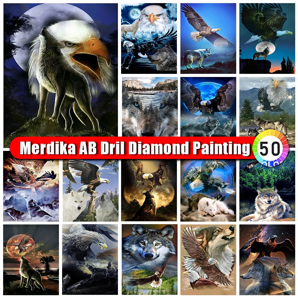 Merdika 5d Ab Diamond Painting Wolf En Adelaar Volledig Vierkant Rond Handwerk Kunst Diamant Borduurwerk Dierenmozaïek Handgemaakt Geschenk