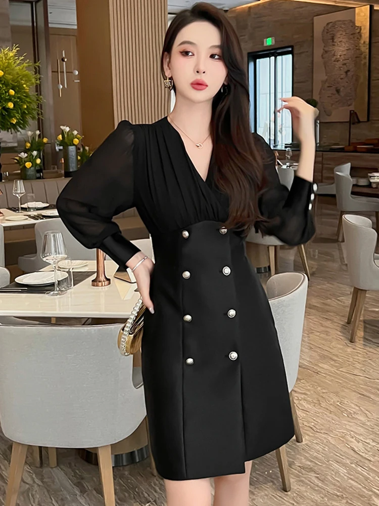 春秋のエレガントな女性のイブニングドレス高品質サテン気質フォーマルシックな V ネックスリムミニパーティープロム Mujer Vestidos