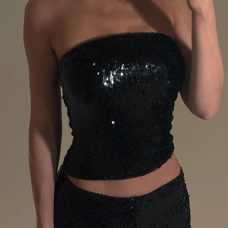 SUCHCUTE Fashion Sequins Two Piece Sets Sexy Sleeveless Tube Top+ Low Waist Skinny Shorts Y2k Aesthetic Ladies Clubwear 2024 New