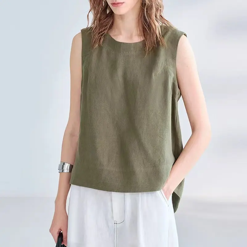 Chic Back Split Design Linen Tank Top For Women Backless Lyocell Linen Top Summer Loose Office Ladies Sleeveless Tops