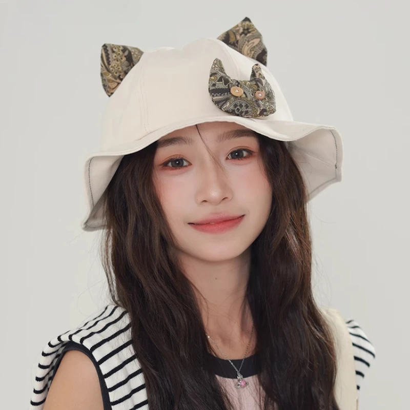 New Cute Cat Ear Design Ruffle Leaf Edge Bucket Hats for Women Spring and Summer Travel Sunscreen Versatile Casual Basin Caps
