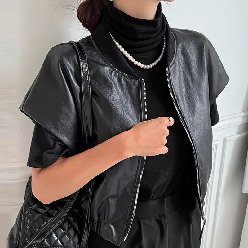 Retro High-End Leather Vest Women'S Autumn And Winter Round Neck Zipper Style Loose And Versatile Short Sleeved Jacket