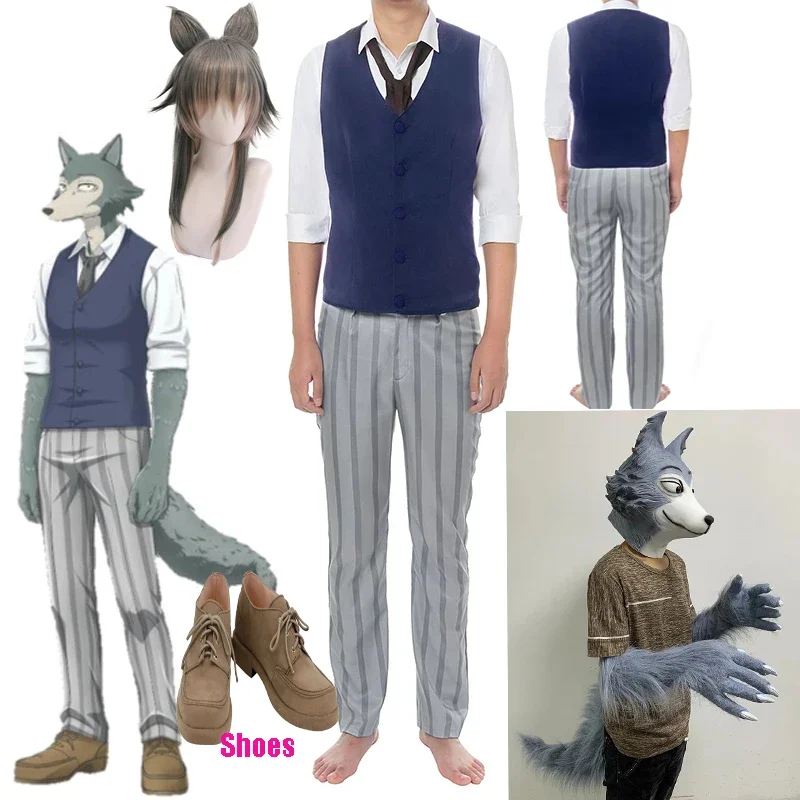 Disfraz de Anime Legosi, uniforme, traje de lobo gris, peluca Legoshi de Anime, guantes con orejas de lobo, zapatos para mujeres y hombres, Halloween