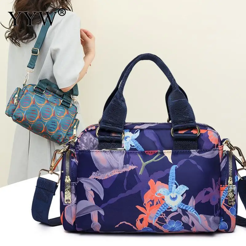 Bolso de hombro Floral de nailon impermeable, bolsa de mano ligera de gran capacidad para madre, bolso de mano cruzado con cremallera multicapa