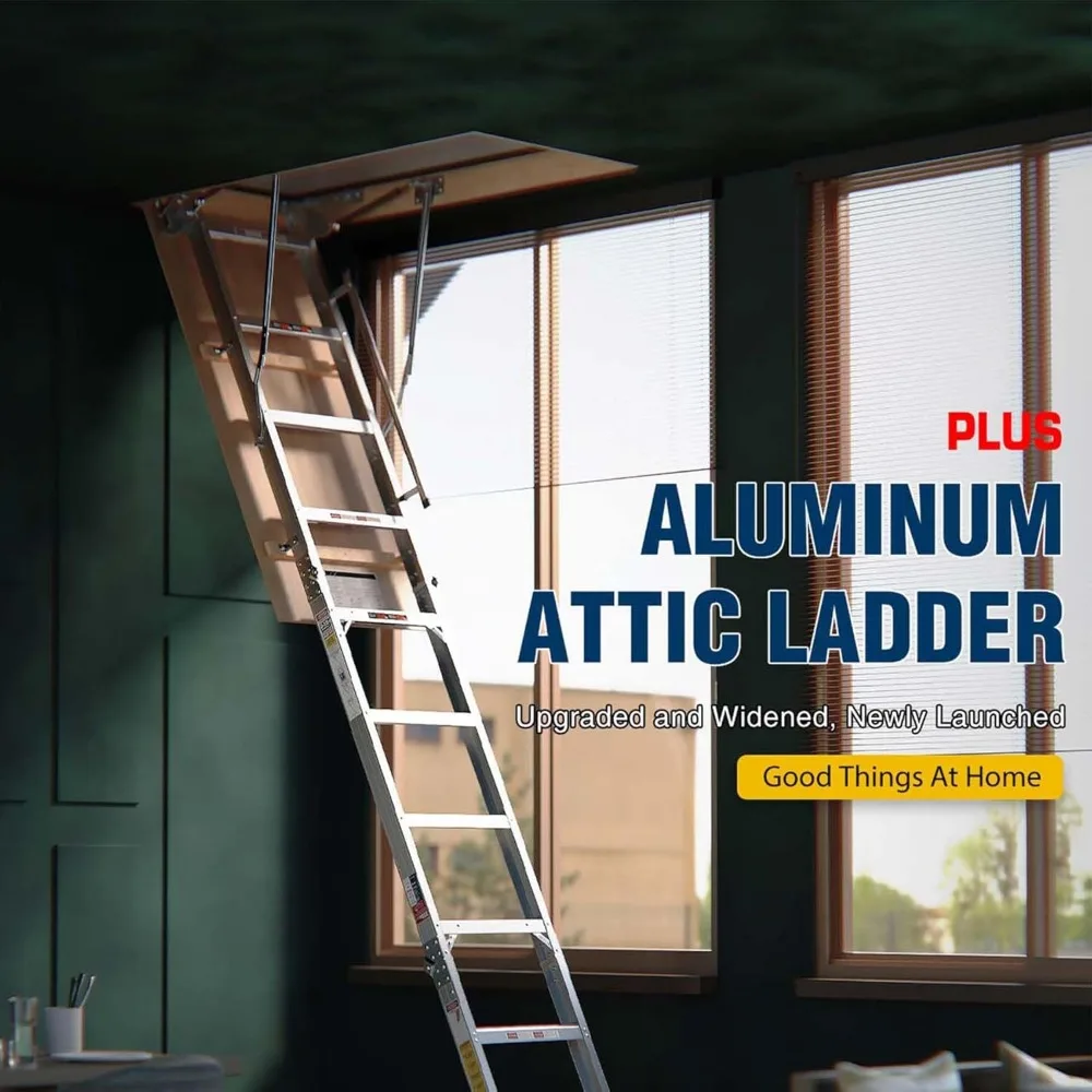 سلم ألومنيوم عالي 10 أقدام مع سجادات مضادة للانزلاق، 54 فتحة عالية × 22.5، نظام سحب للأسفل، سعة 350 رطلاً، تيار متردد عالي التحمل #6