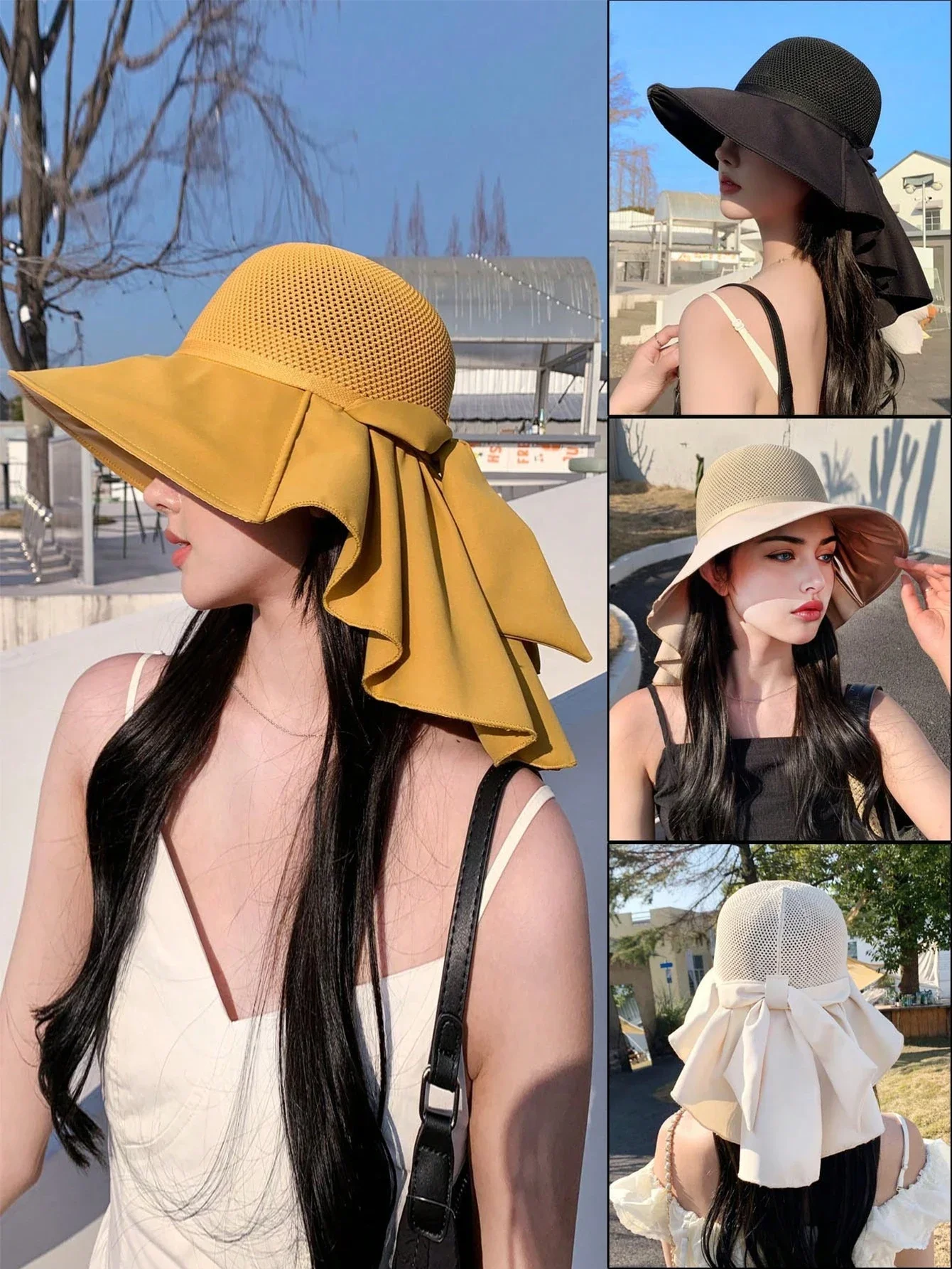 2024 New Women\'s Fashion Outdoor Tourism Sun Protection and Sunshade Hat Mesh Breathable Shawl Hat Face Protection Sun Hat