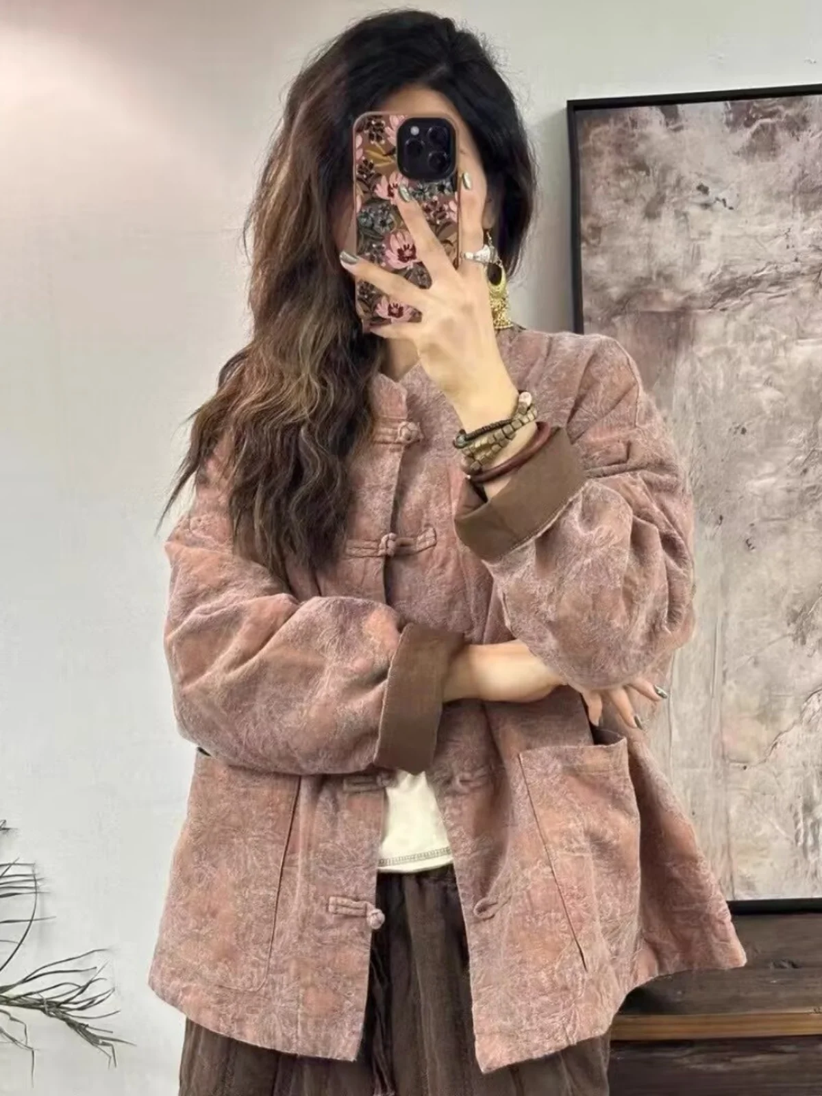 

Retro Chinese Sle Cotton Linen Jaet Women's Winter Warm Floral Embroidery Button up Coat Loose Fit Long Sve Stand Collar
