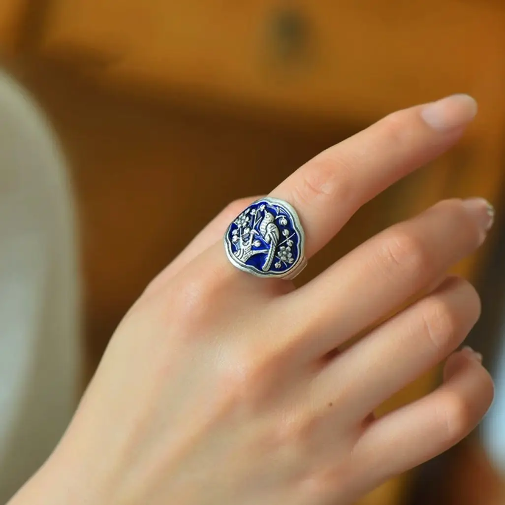 Vintage Blueing Magpie Ascending Plum Blossom Adjustable Ring Chinese Style Singing Birds and Fragrant Flowers Rings Jewelry