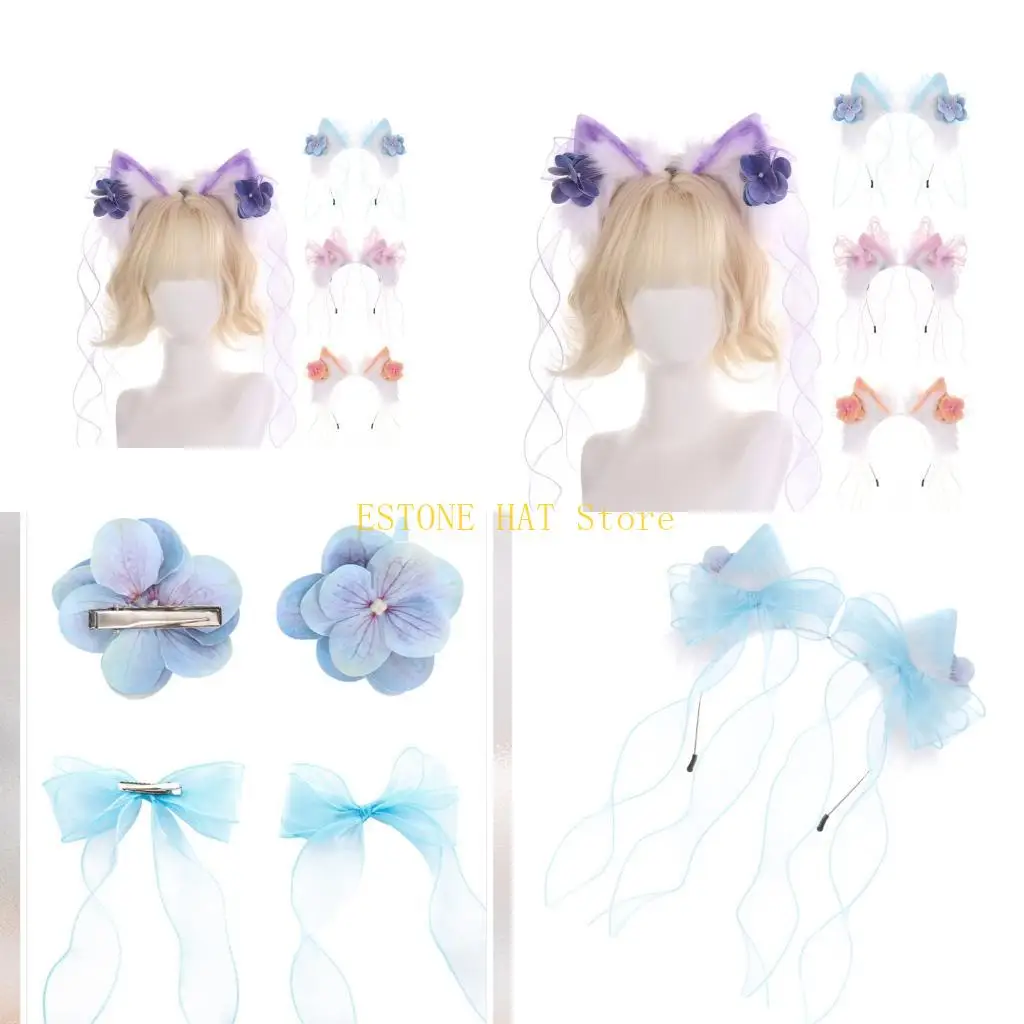 

49MF Lovely Furry Plush Animal Ear Hairband with Bowknot Design for Women Teens Halloween Celebration Anime Fursuit Hairhoop