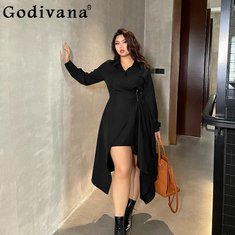

Large Size Autumn Winter New Sexy V-neck Irregular Black Dress Street Girl Long Sleeve A-line High Waist Pleated Elegant Dresses