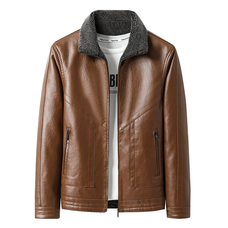 

Thickened Fleece Lined Winter Leather Jacket Men's Collar Fur Coat Integrated Fur Men's Casual Style Fake Leather Jacket