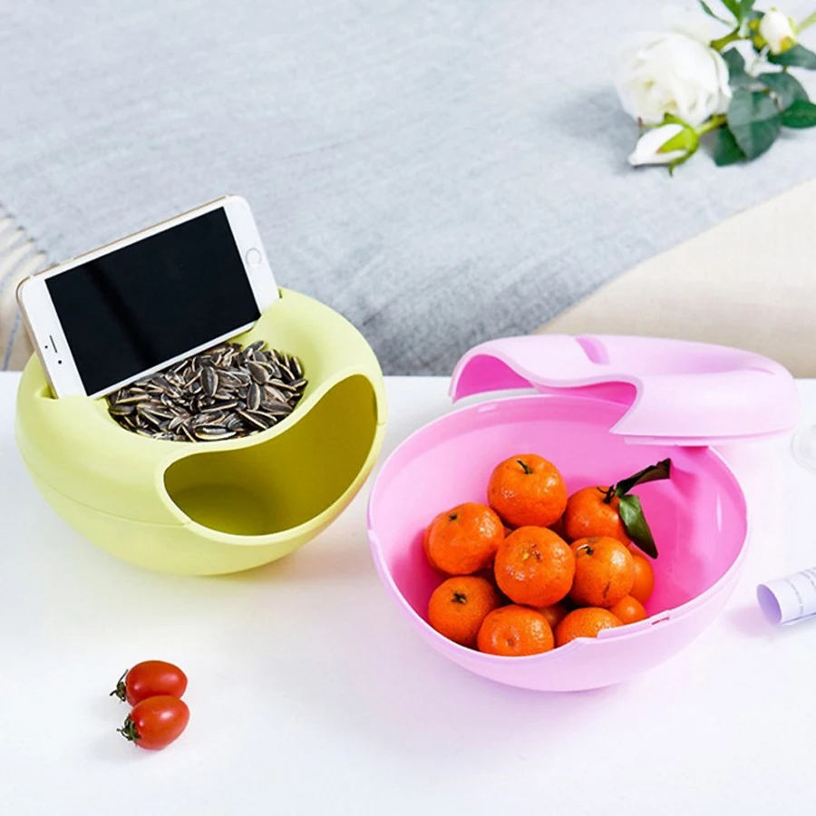 Creative Bowl Double Layer Dry Fruit Containers Snacks Seeds Storage Box Garbage Holder Plate Dish Organizer with Phone Holde