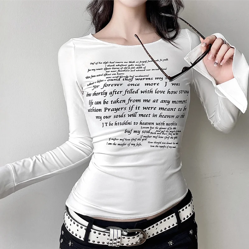 Women's Slim Fit Long Sleeve T Shirt White Round Neck Letter Print Flare Cuff Ruched Cropped Casual Daily Streetwear Tops