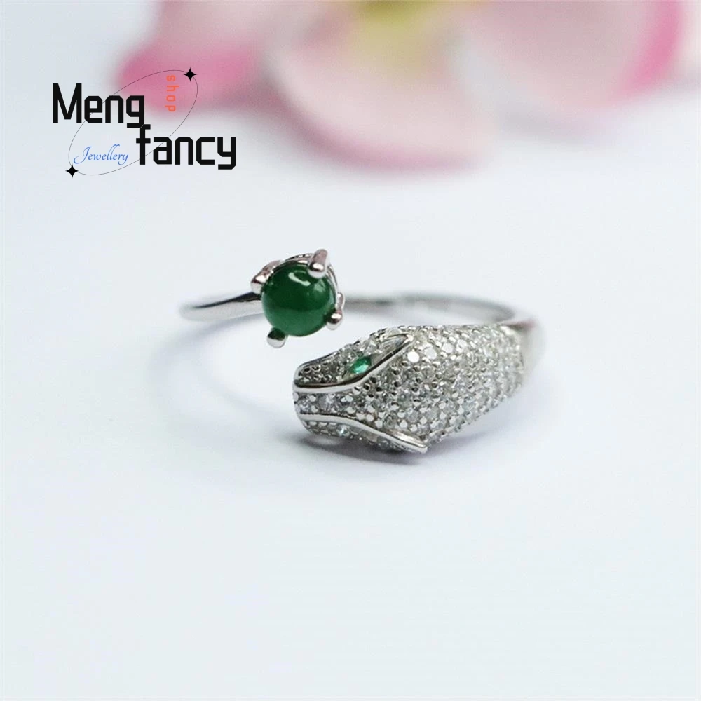 S925 Silver Lnlaid Natural Ice Jadeite Exquisite Elegant Simple High-grade Ring Imperial Green Leopard Head Jade Fine Jewellery