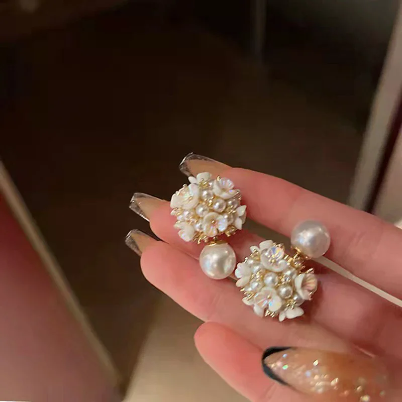 خمر الأزياء شل زهرة اللؤلؤ الكرة شكل وأقراط للنساء الكرة مزدوجة الجانب الأقراط الأنيقة مجوهرات حفلات الزفاف #3