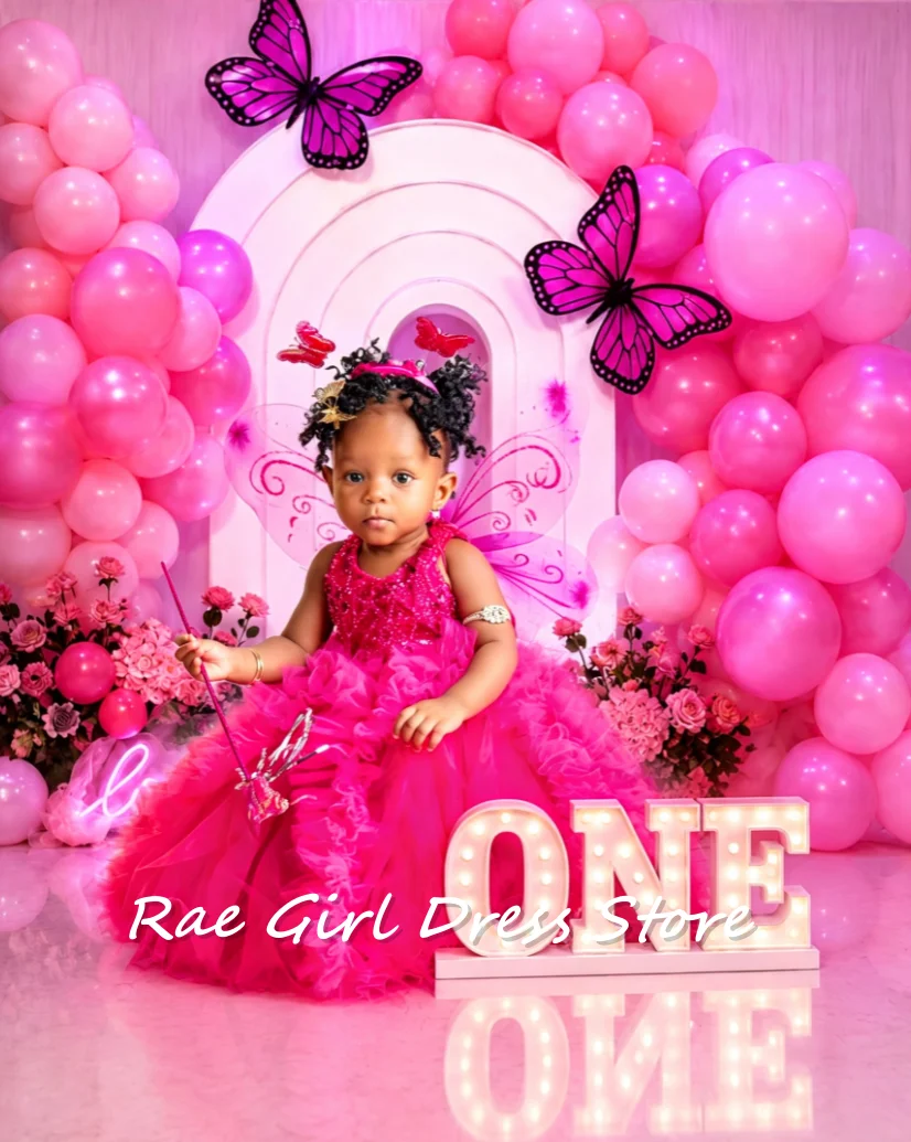 Hot Pink Tulle Baby Ball Gown Halter Neck Rhinestone Bodice Multi Layer Ruffle Skirt For Cake Smash First Birthday Photoshoot