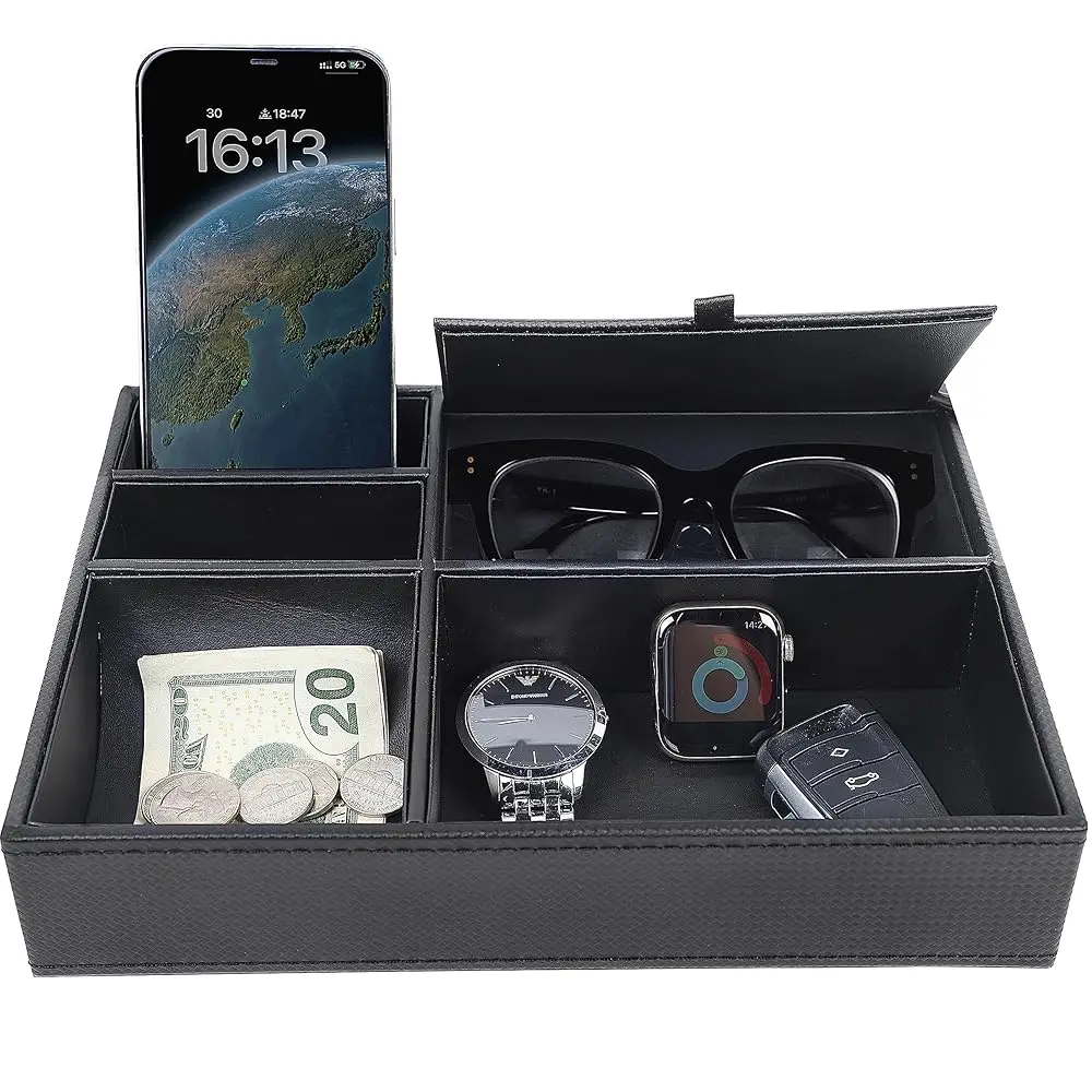 

Men'S Valet Tray, Jewelry Box Nightstand Organizer With 5 Compartments For Phone Keys Wallet Watch Glasses, Faux Leather