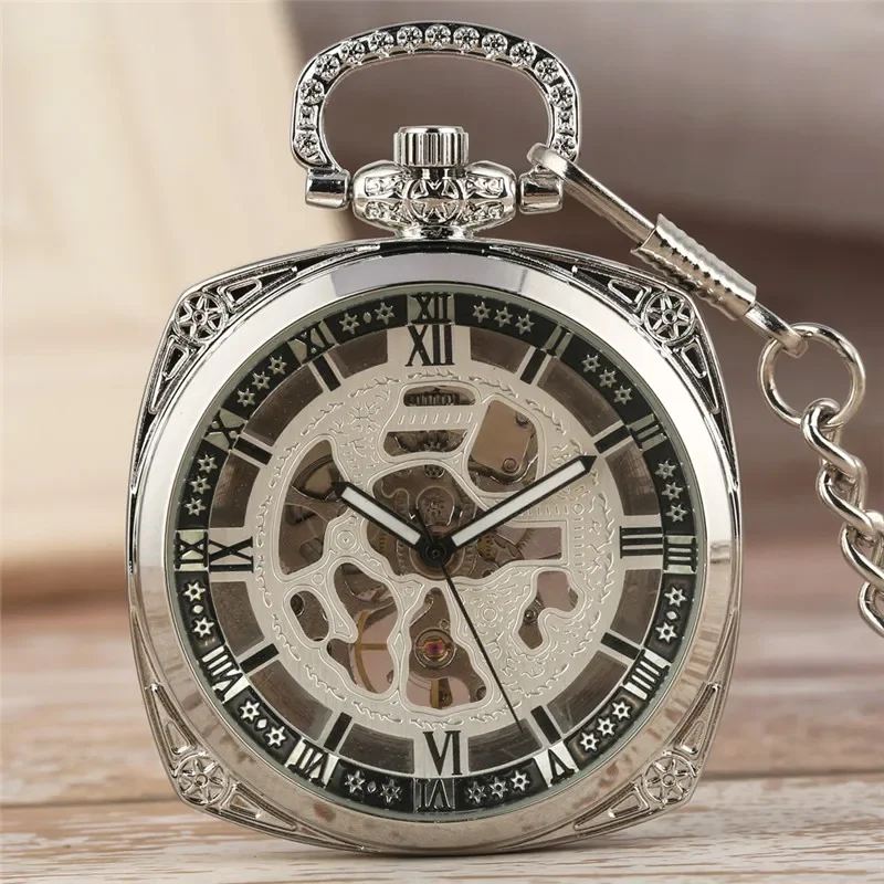 

Silver Square Case Hand-Wind Mechanical Pocket Watch for Men Women Roman Numeral Luminous Hands Pendant Chain Skeleton Clock