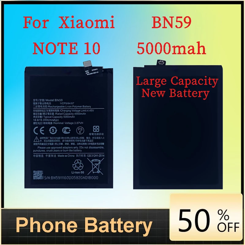 

For Xiaomi NOTE 10Series Battery BN59 5000mAh Large Capacity New Battery Persistent Standby