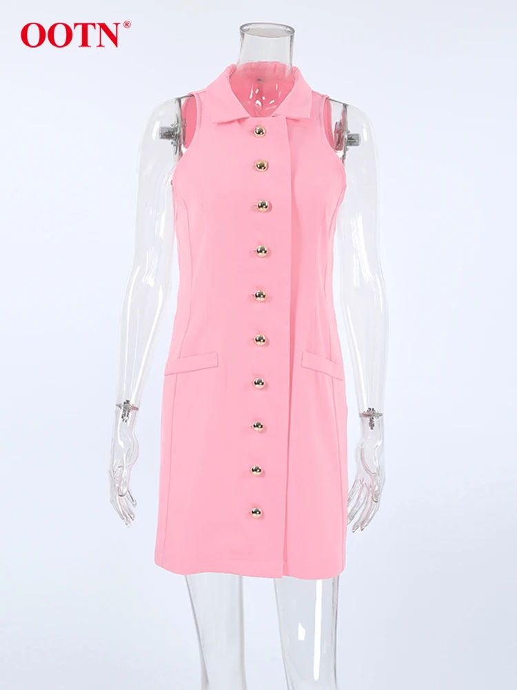 OOTN Elegant Pockets Pink Dress Women 2024 Summer Pink Sleeveless Office Lady A-Line Dresses Fashion Sexy Single Breasted Dress