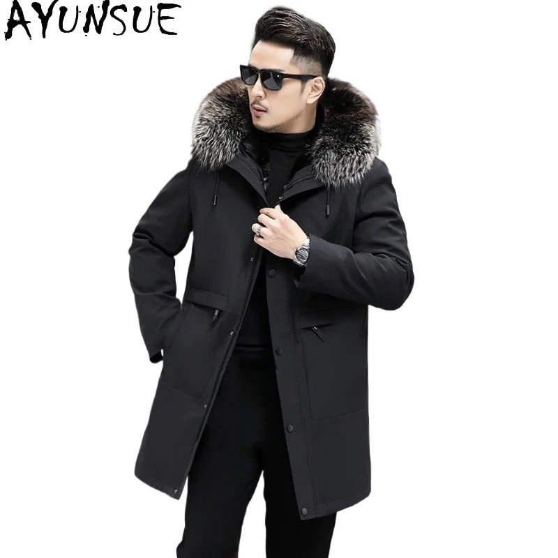 

AYUNSUE Real Fur Coats for Men Winter Warm Parkas Detachable Mink Fur Liner Jacket Hooded Silver Fox Collar Mid-length Fur Coat
