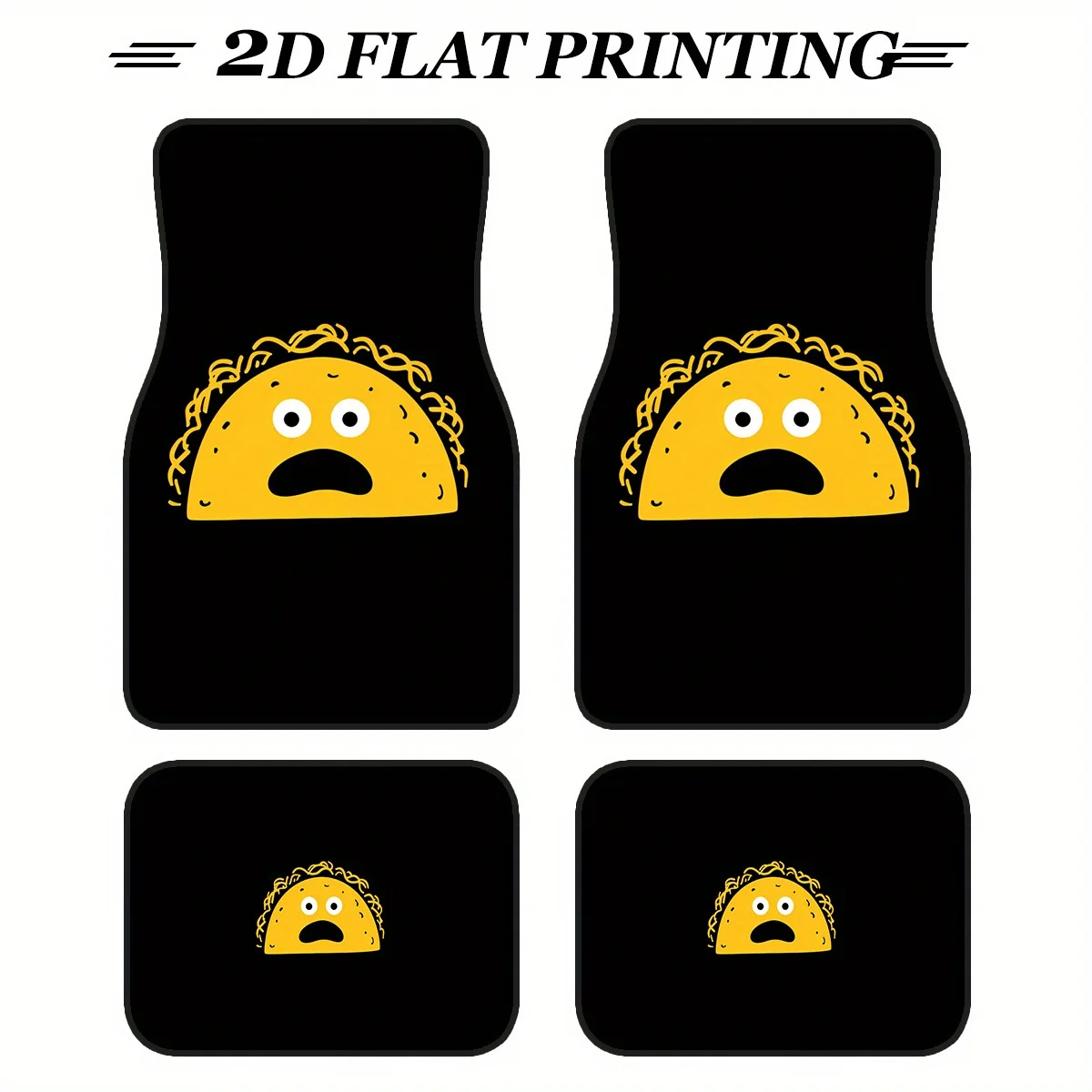 4pcs Non-Slip Car Floor Mats With Funny Taco Design - Heavy-Duty All-Weather Driver/Passenger/Rear/Trunk Mats, Black & Yellow Ta