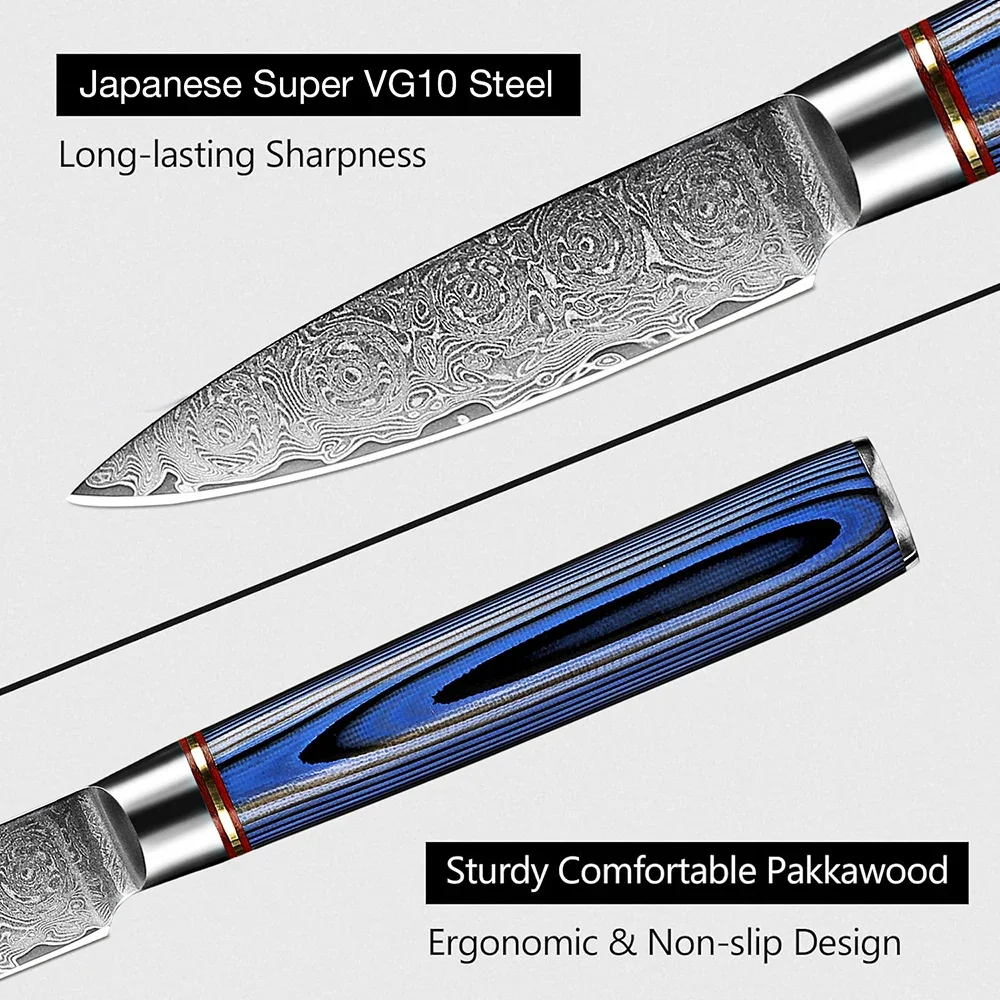 Professional Damascus Paring Knife 3.5 Inch Japanese Utility Knife Ultra Sharp Fruit Carving Knife Kitchen Cut Blue G10 Handle